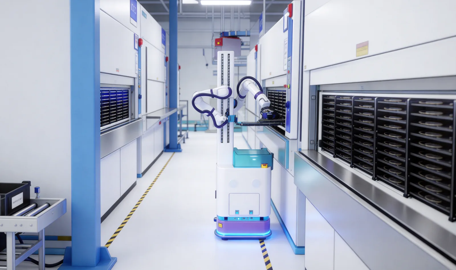 AgentBot dual-arm mobile robot working in a bright warehouse aisle