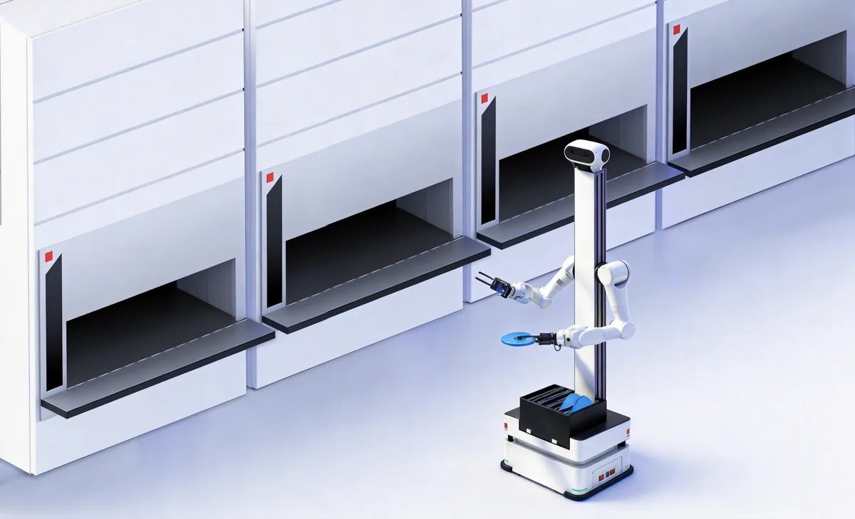 AgentBot A robot working at a vertical lift module cabinet