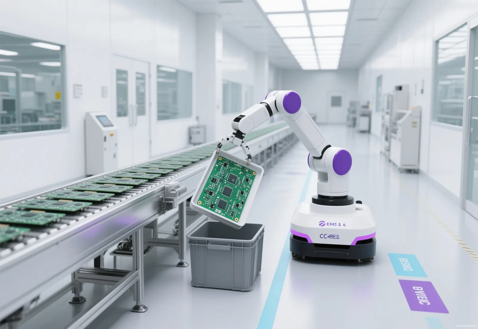 Robots handling goods in a bright modern warehouse