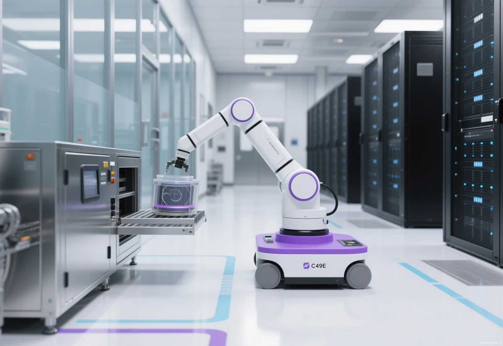 Robots working in a bright electronics manufacturing facility